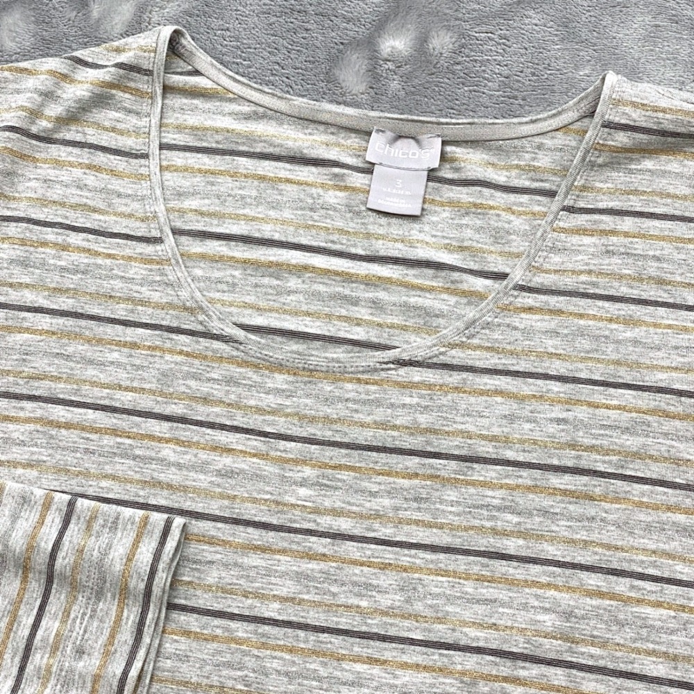 Chicos Womens Size 3 XL Gray Gold Metallic Striped Long Sleeve Scoop Neck Top